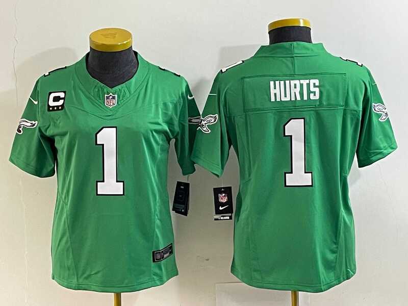 Women%27s Philadelphia Eagles #1 Jalen Hurts Green 2023 F.U.S.E. With C Patch Stitched Football Jersey(Run Small)